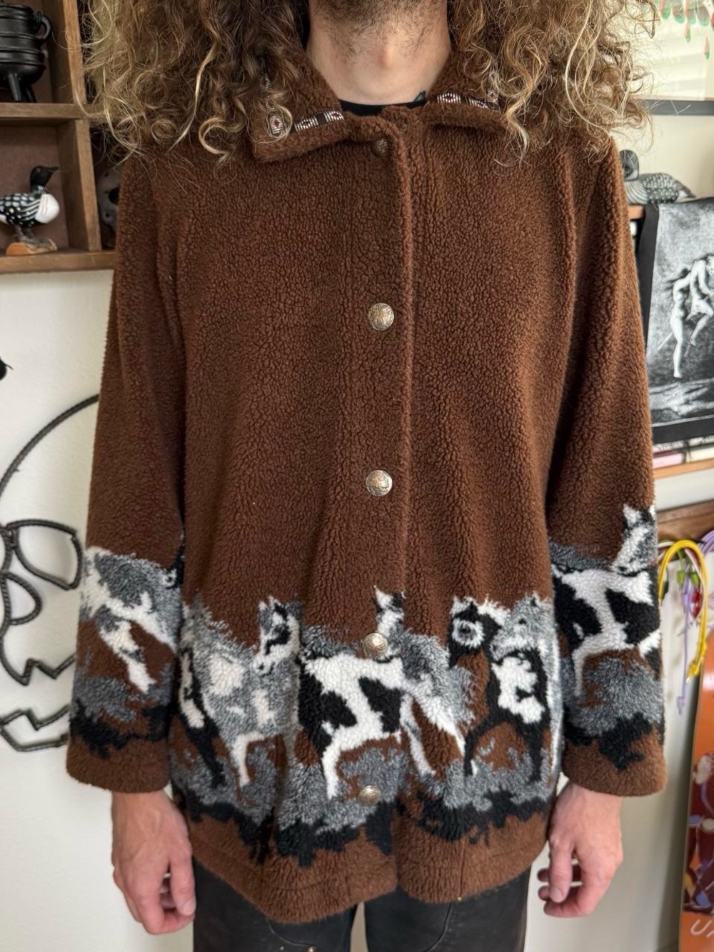Vintage 90s Western Wild Horses Button Down Sherpa Fleece Jacket ~ Size Large